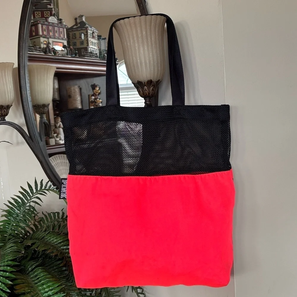 PINK Victoria's Secret Neon Coral & Black Mesh Beach Tote Bag Graphic Logo Y2K